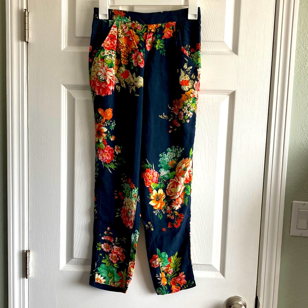 Zara Woman Blue with Floral Print Lightweight Pants XS Womens